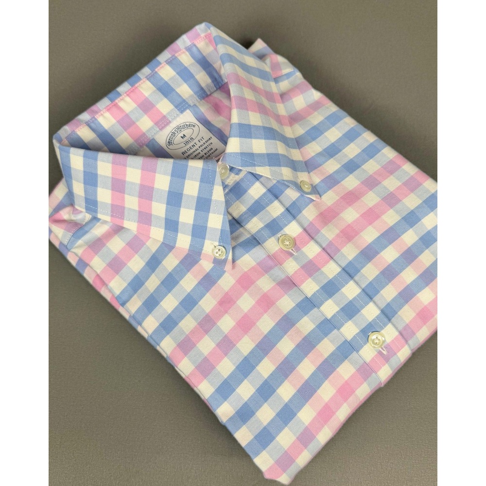 Brooks Brothers Button Down Shirt Mens M Pink Blue Gingham Regent Fit Non-Iron